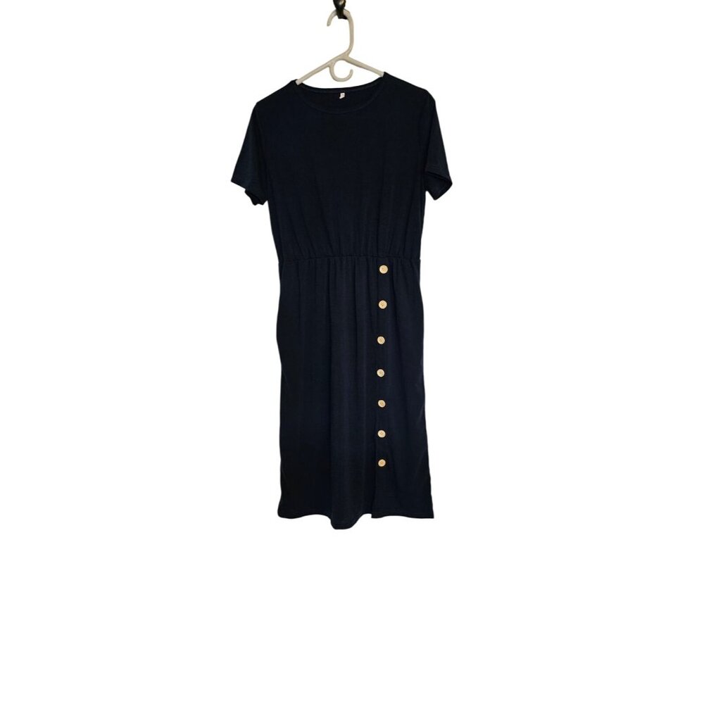 Modest Dress Size Large‎ Navy Blue Pockets Short Sleeve calf Length